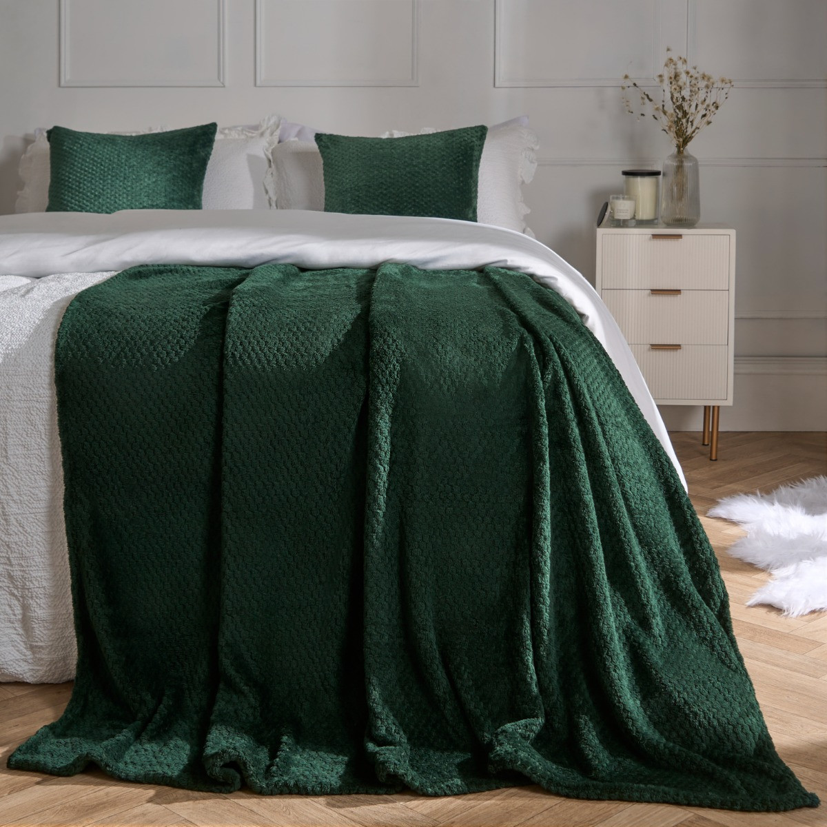 OHS Waffle Mink Throw, Forest Green - 200 x 240cm>