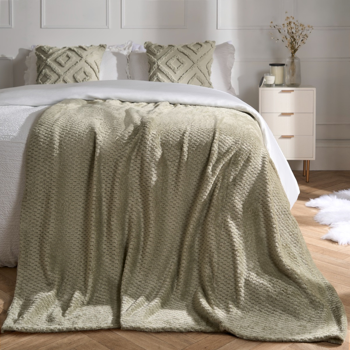 OHS Waffle Mink Throw, Sage - 200 x 240cm>