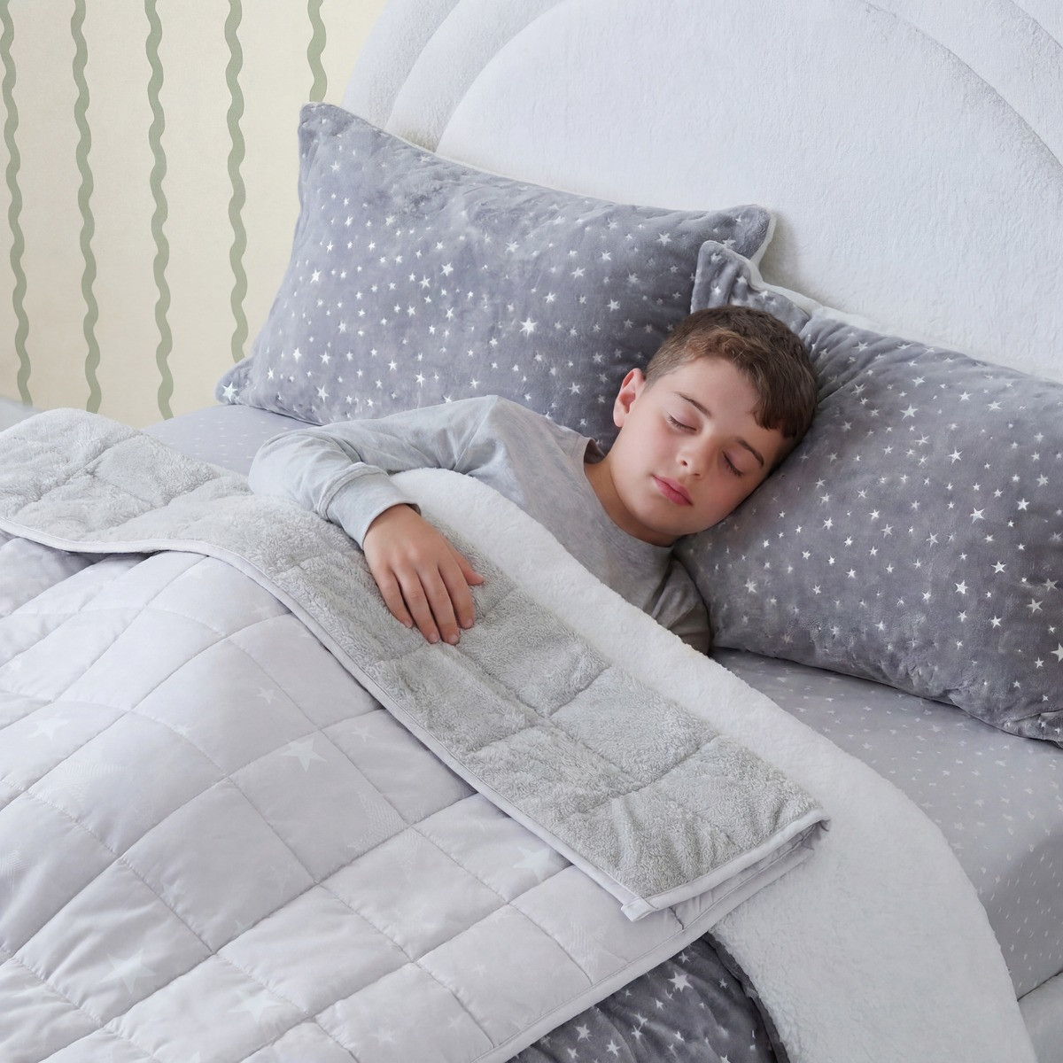 OHS Kids Star Teddy Fleece Weighted Blanket, Silver Grey - 3kg>