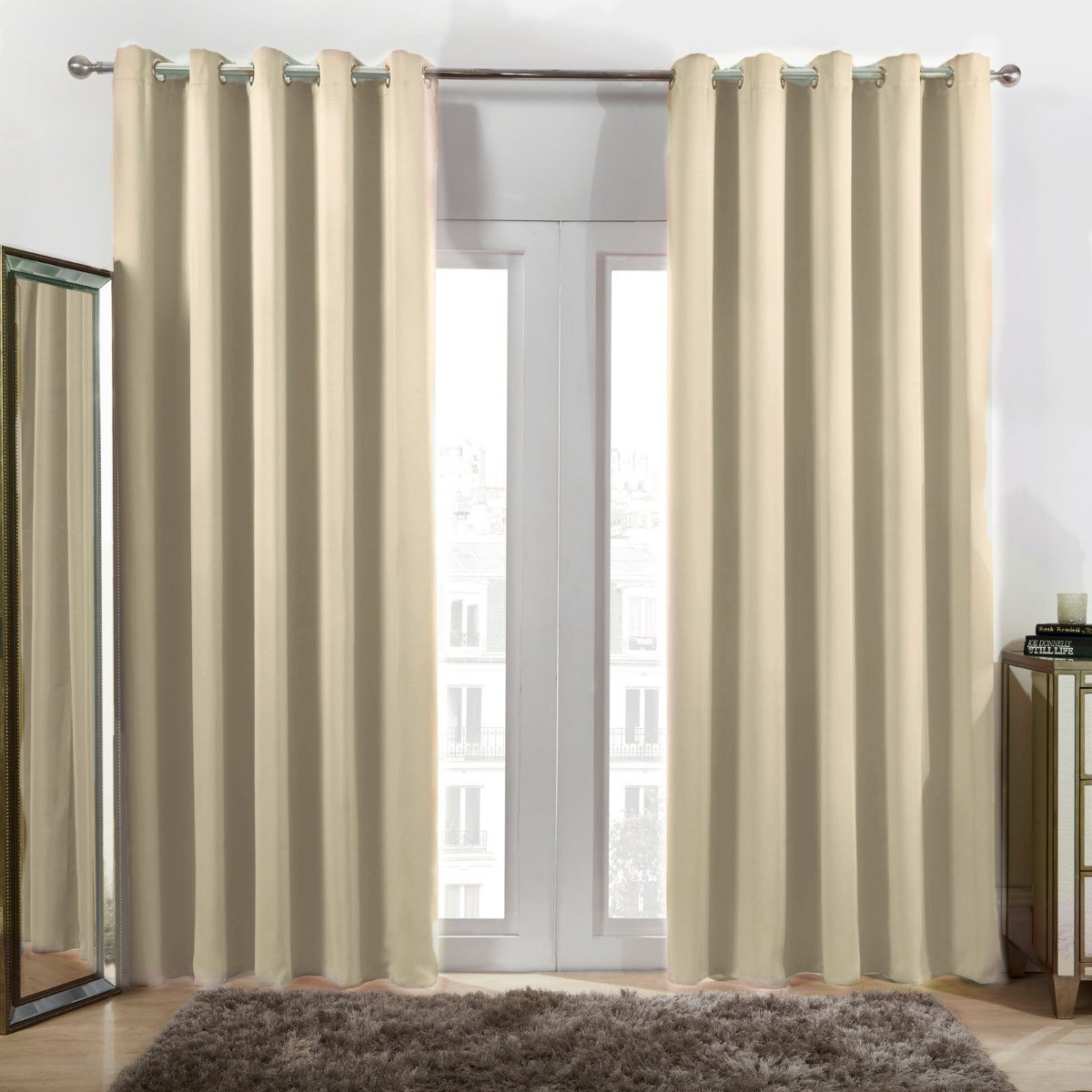 Cream Faux Silk Eyelet Ringtop Pair Curtains Inc Tiebacks | Littens