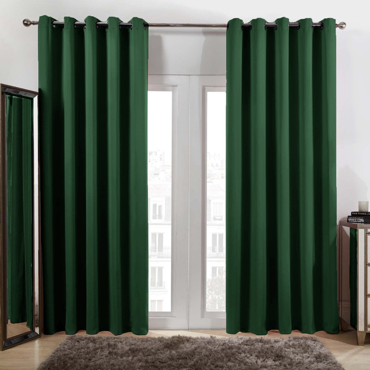 Dreamscene Eyelet Blackout Curtains, Forest Green - 228 x 228cm (90" x 90")>