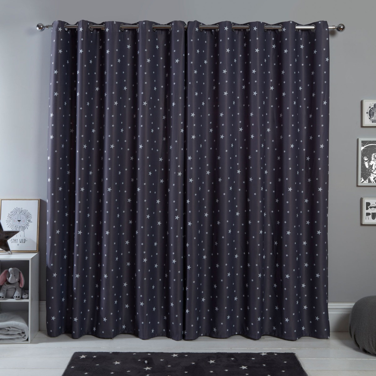 OHS Stars Blackout Eyelet Curtains - Charcoal Grey>