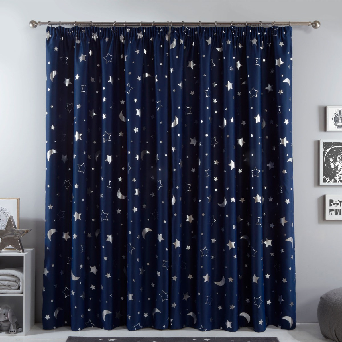 Dreamscene Galaxy Star Blackout Pencil Pleat Curtains - Navy Blue>