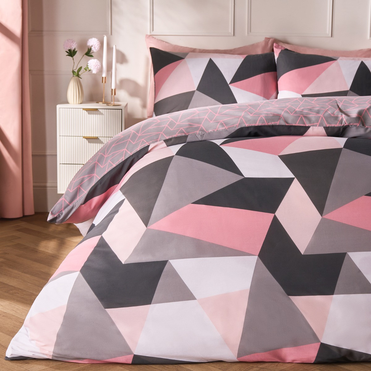OHS Shapes Geometric Duvet Set, Blush Pink - Super King>