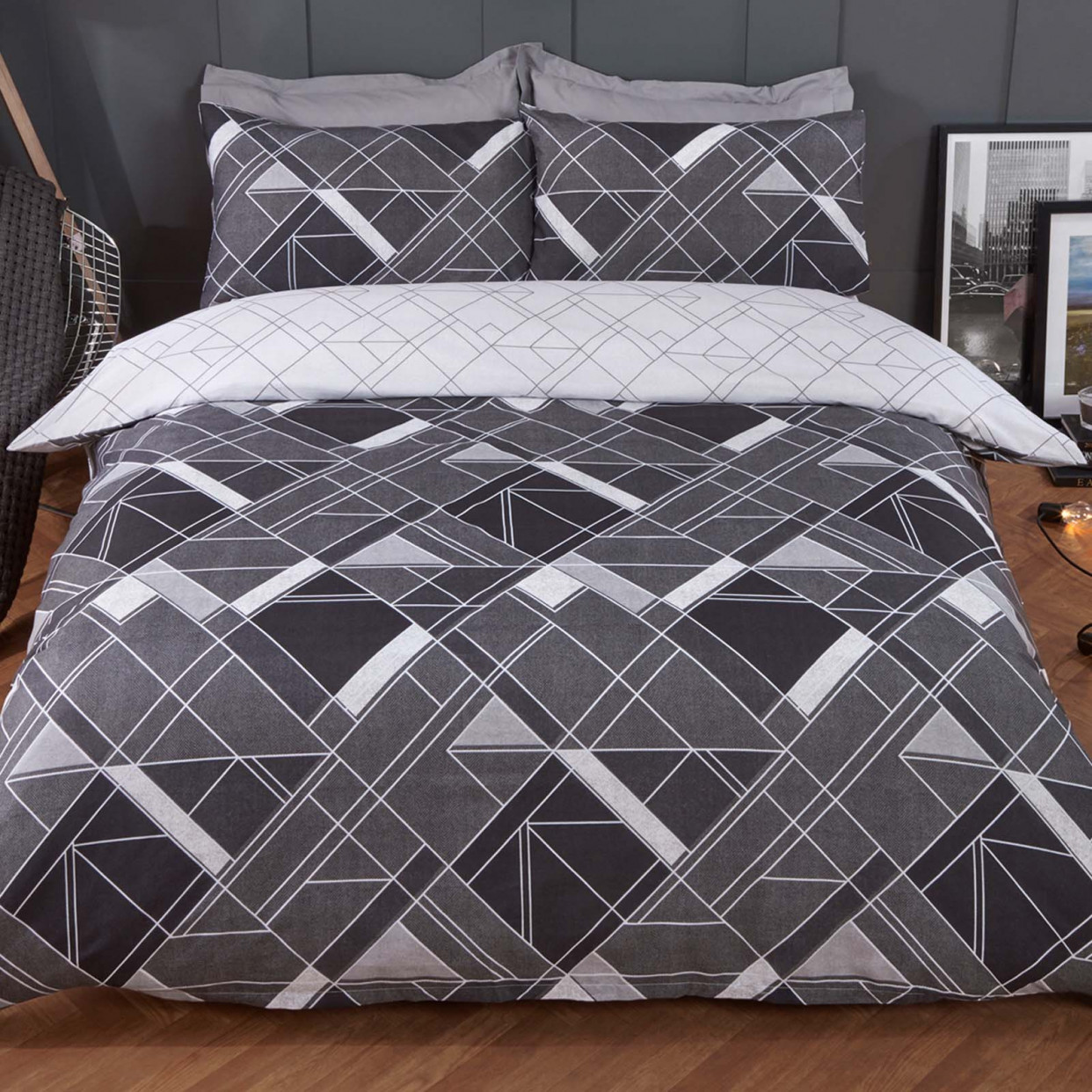 OHS Abstract Lines Duvet Cover Set - Black>