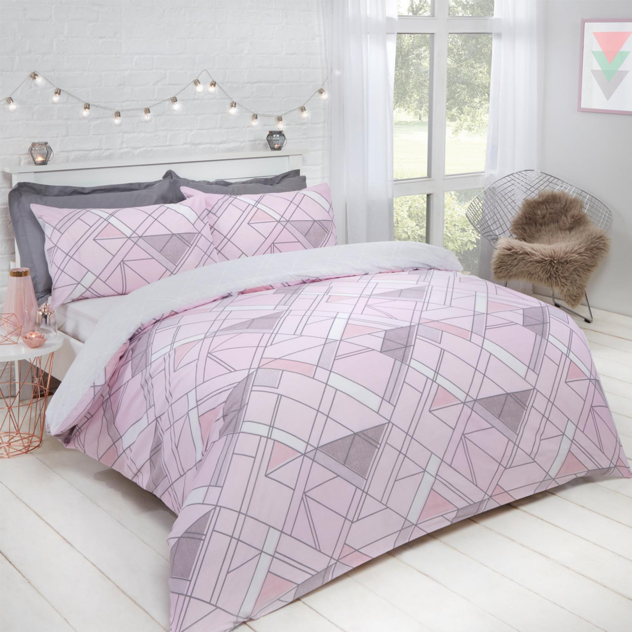 OHS Abstract Lines Duvet Set - Pink >