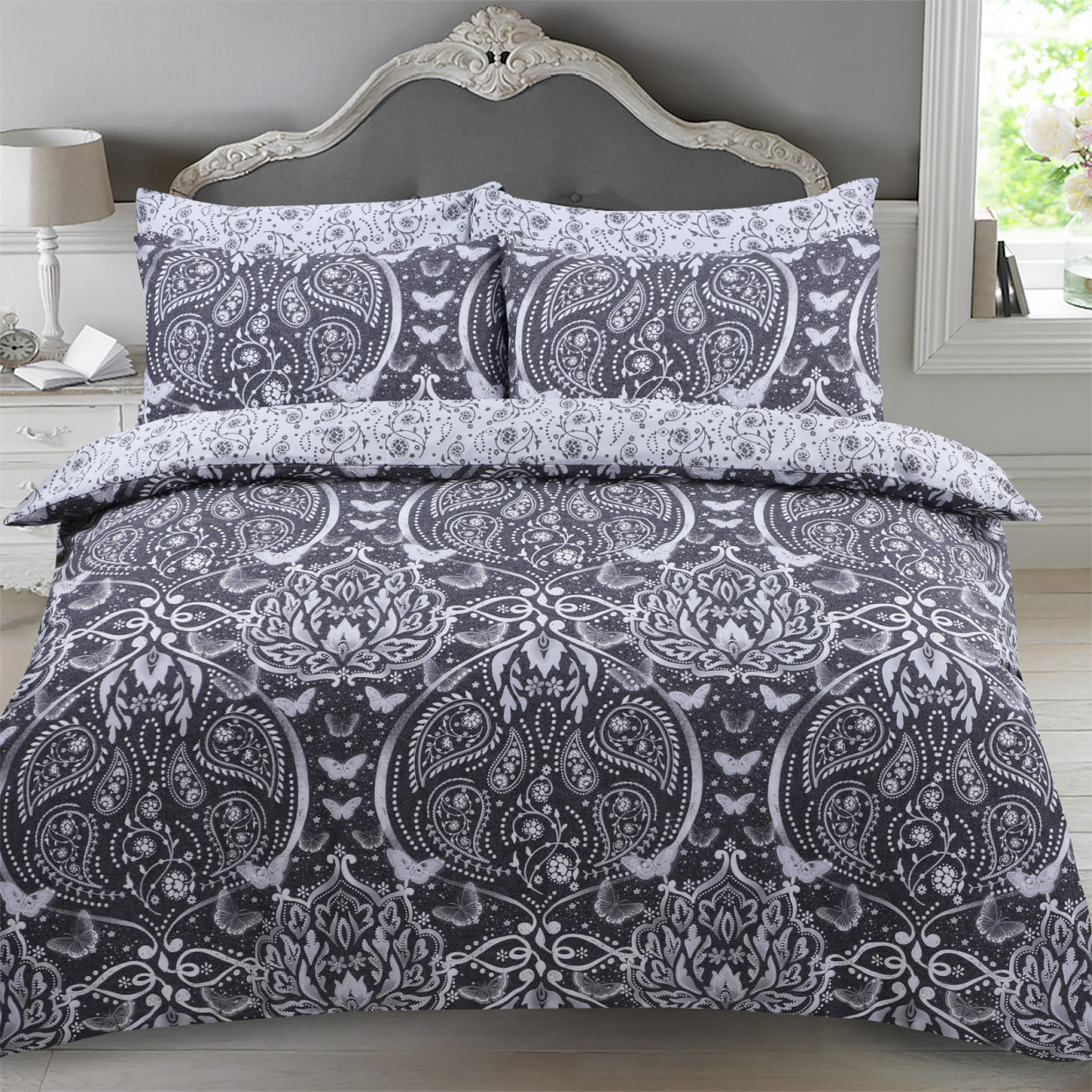 OHS Butterfly Damask Duvet Set, Black - Double>