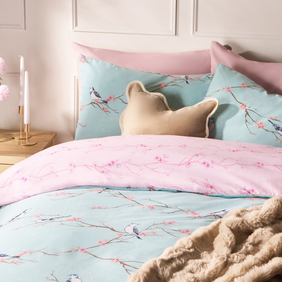 OHS Blossom Bird Duvet Set, Duck Egg Blue - Single>