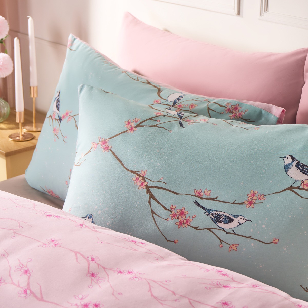 OHS Blossom Bird Duvet Set, Duck Egg Blue - Single>