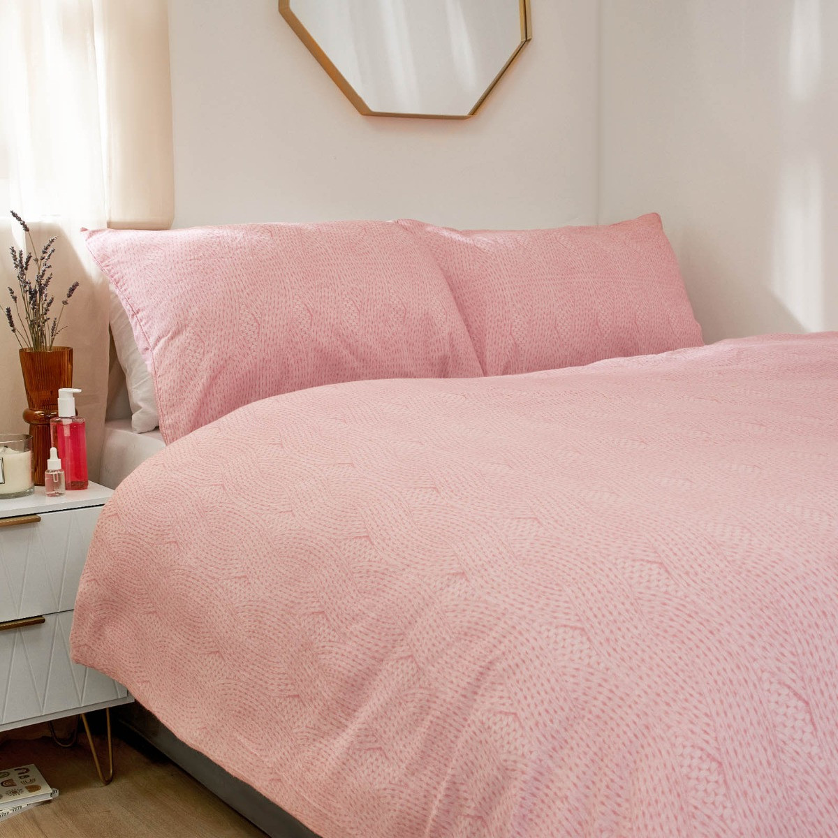 Dreamscene Chunky Knit Print Brushed Cotton Duvet Set, Blush Double