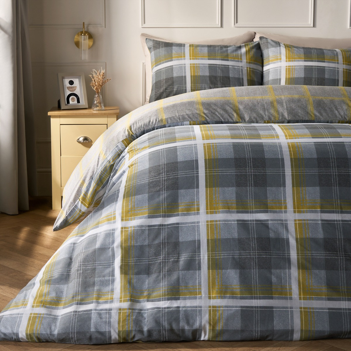 OHS Denim Check Duvet Cover Set, Grey/Ochre - Double>
