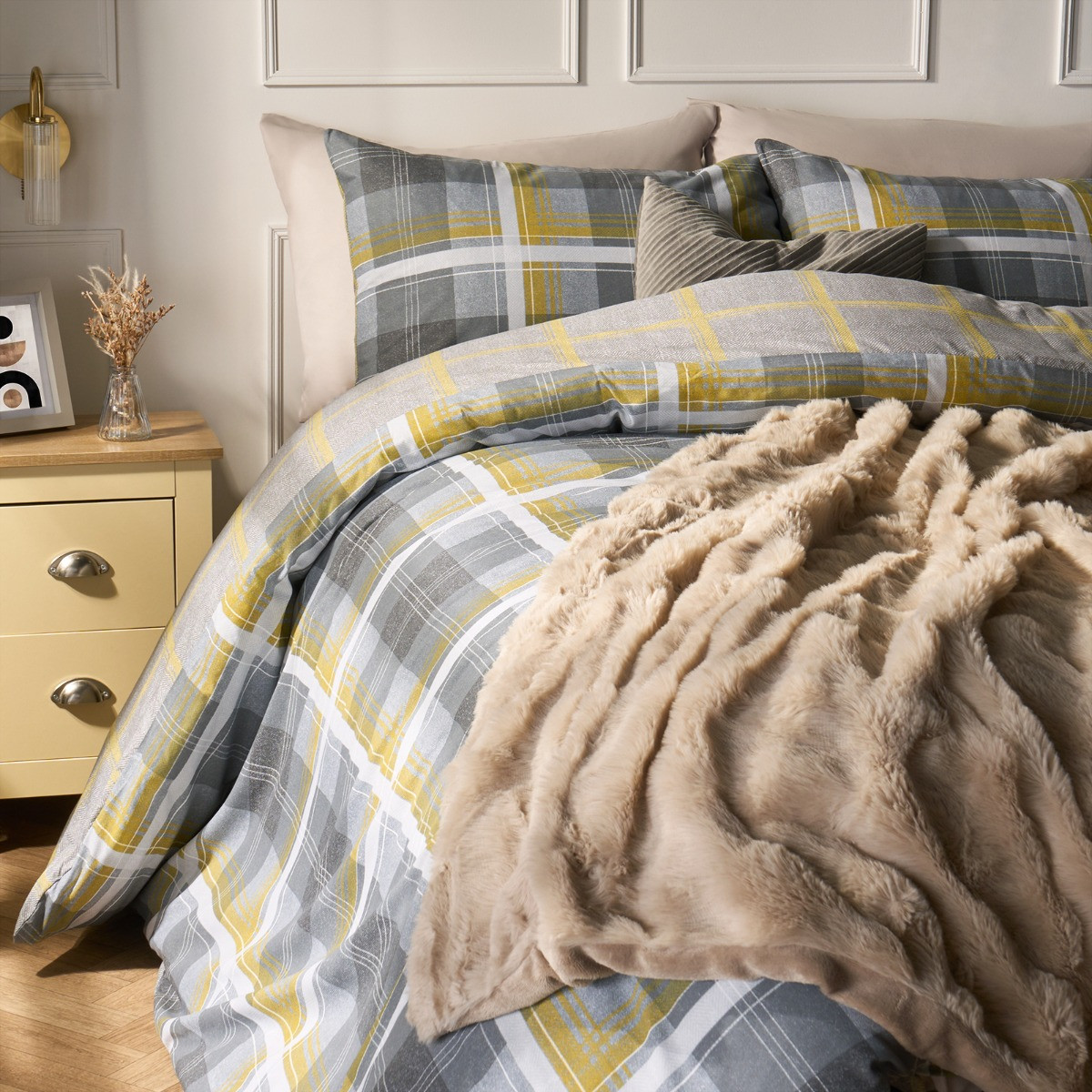 OHS Denim Check Duvet Cover Set - Grey/Ochre>