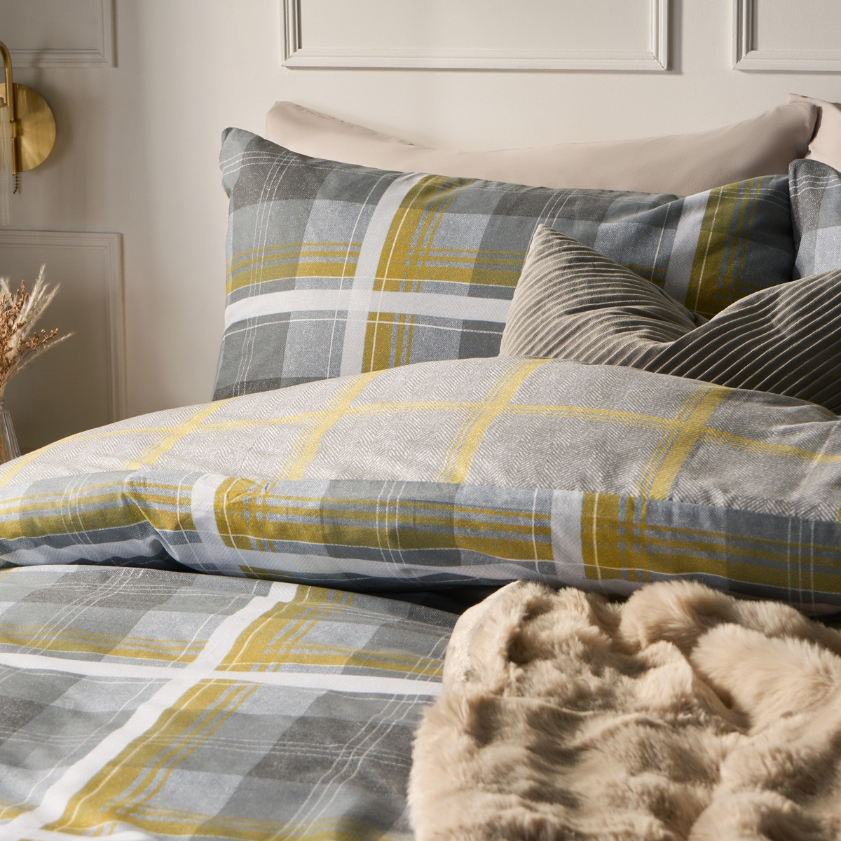OHS Denim Check Duvet Cover Set, Grey/Ochre - King>