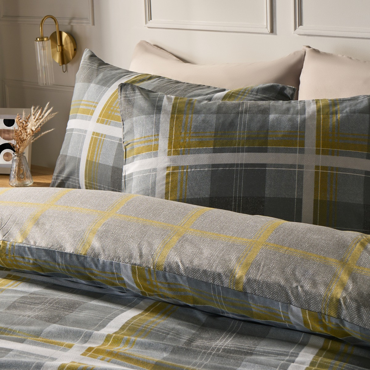 OHS Denim Check Duvet Cover Set, Grey/Ochre - King>