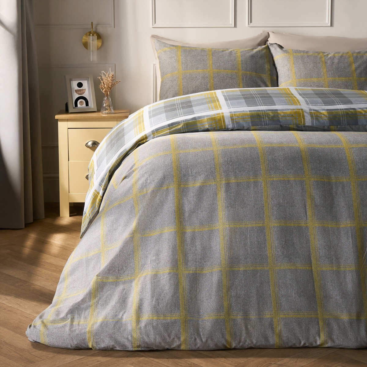 OHS Denim Check Duvet Cover Set, Grey/Ochre  - Single>