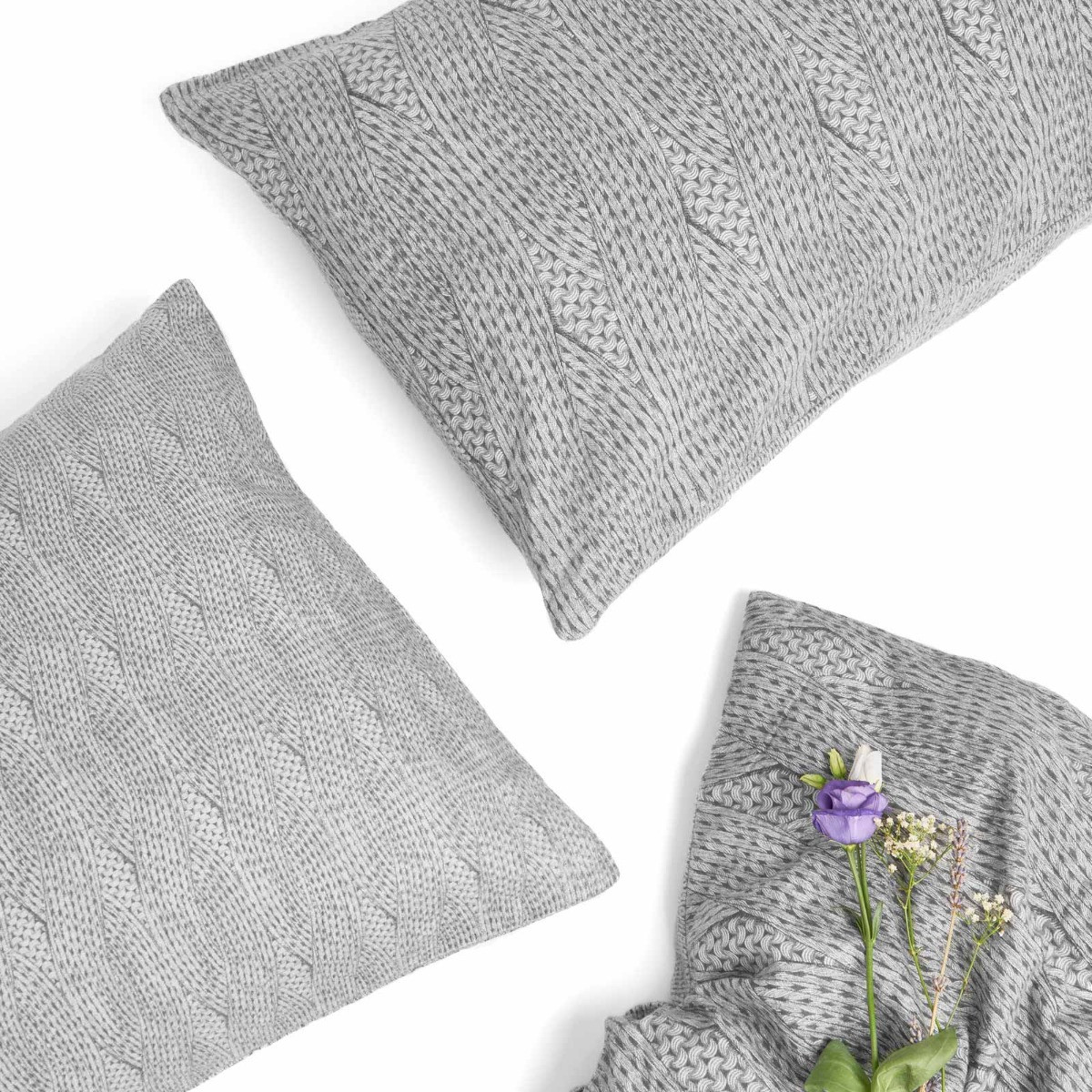 Dreamscene Chunky Knit Print Brushed Cotton Duvet Set, Grey - Double>