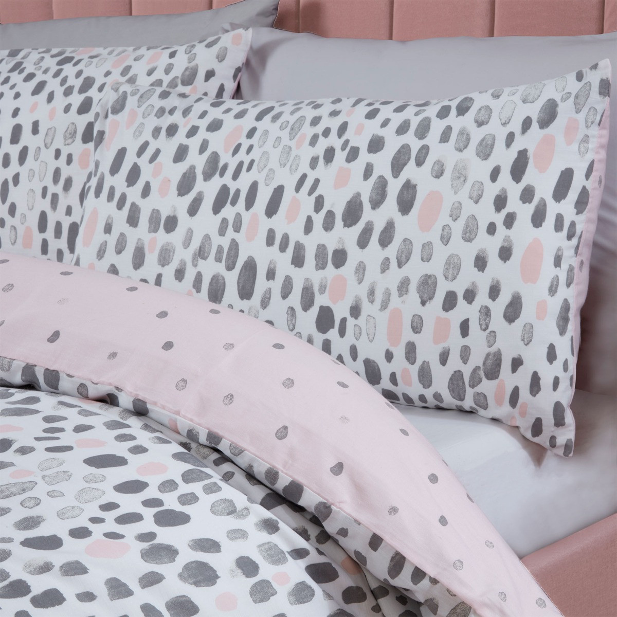 OHS Dalmatian Spots Print Duvet Cover Set, Blush/Grey - King>