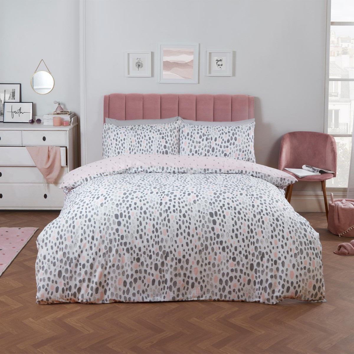 OHS Dalmatian Spots Print Duvet Cover Set, Blush/Grey - King>