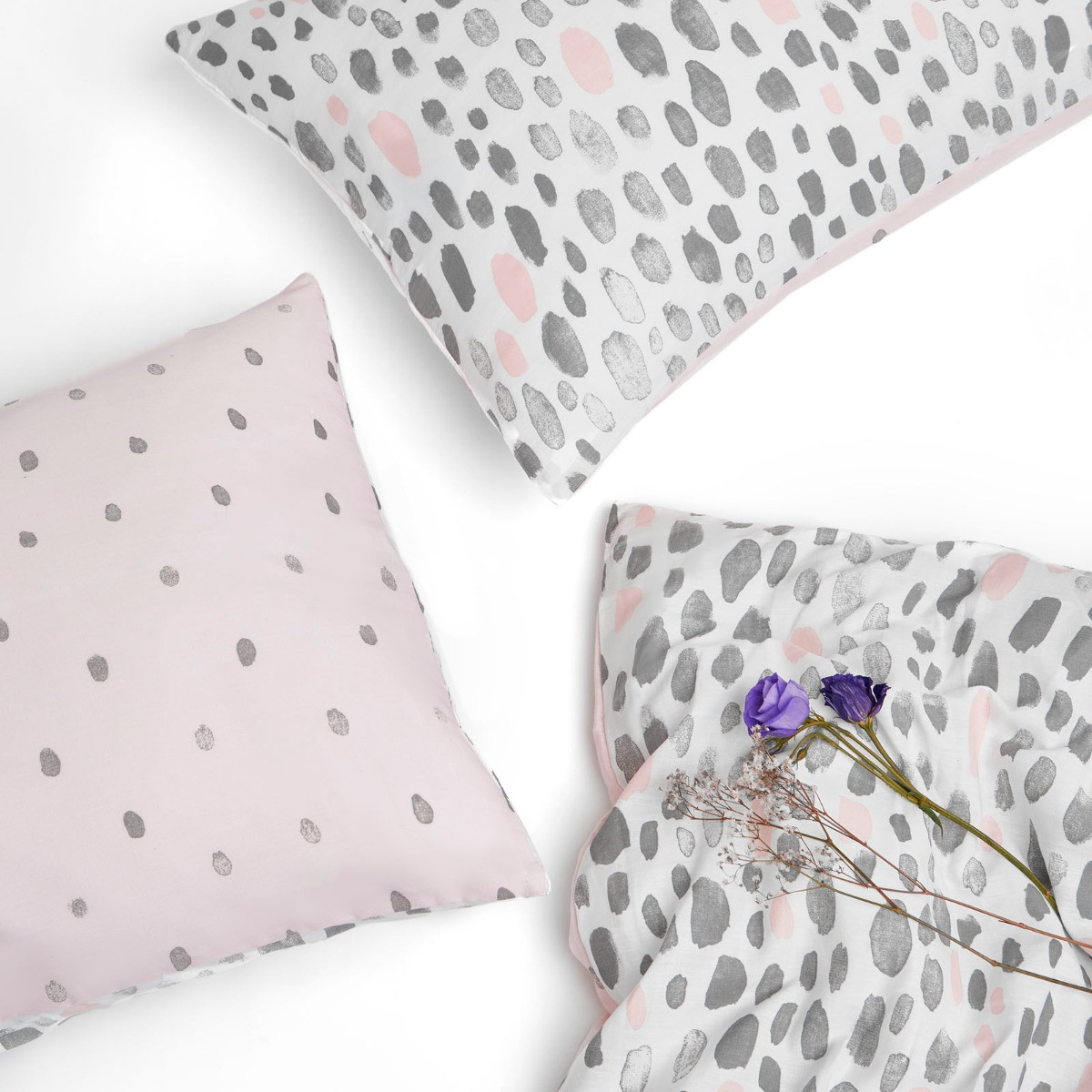 OHS Dalmatian Spots Print Duvet Cover Set, Blush/Grey - King>