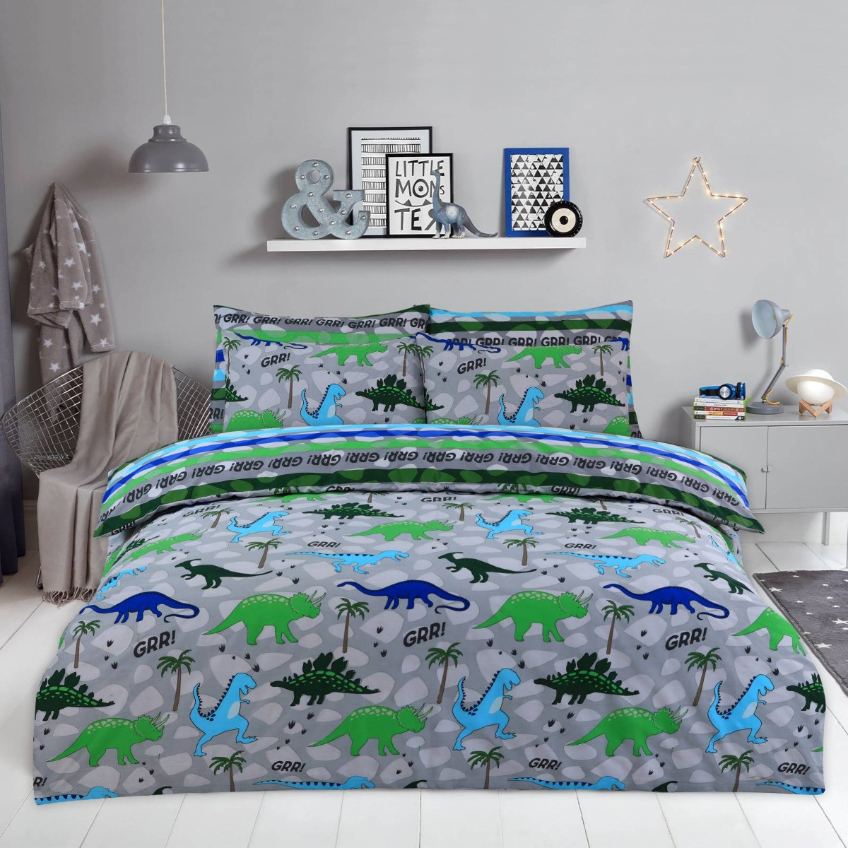 OHS Dinosaur Duvet Cover Set, Grey Junior/Cot
