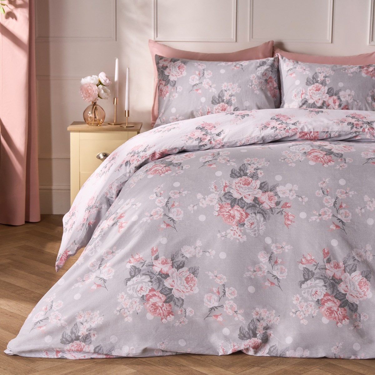 OHS English Rose Floral Duvet Set, Grey - Super King>
