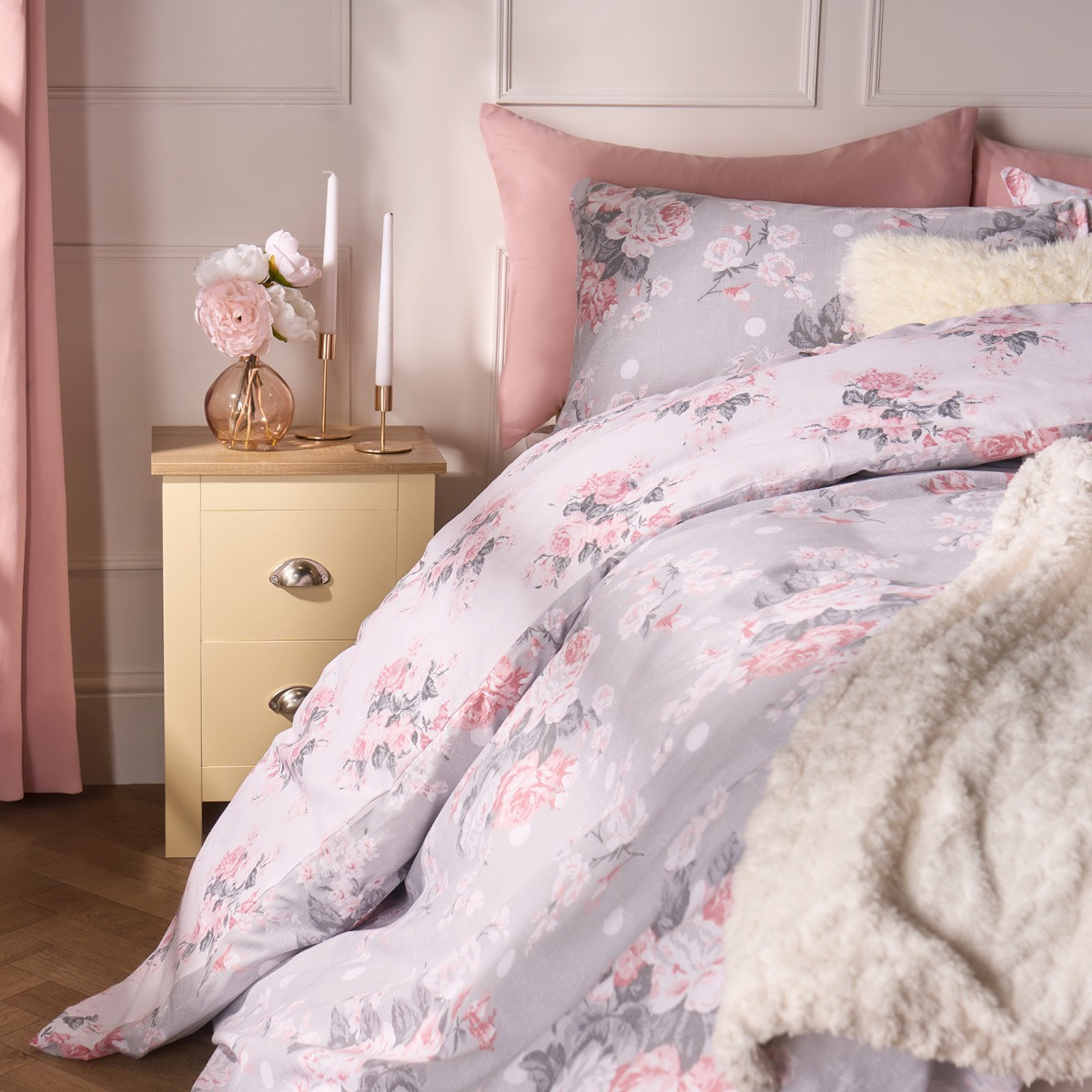 OHS English Rose Floral Duvet Set, Grey - Super King>