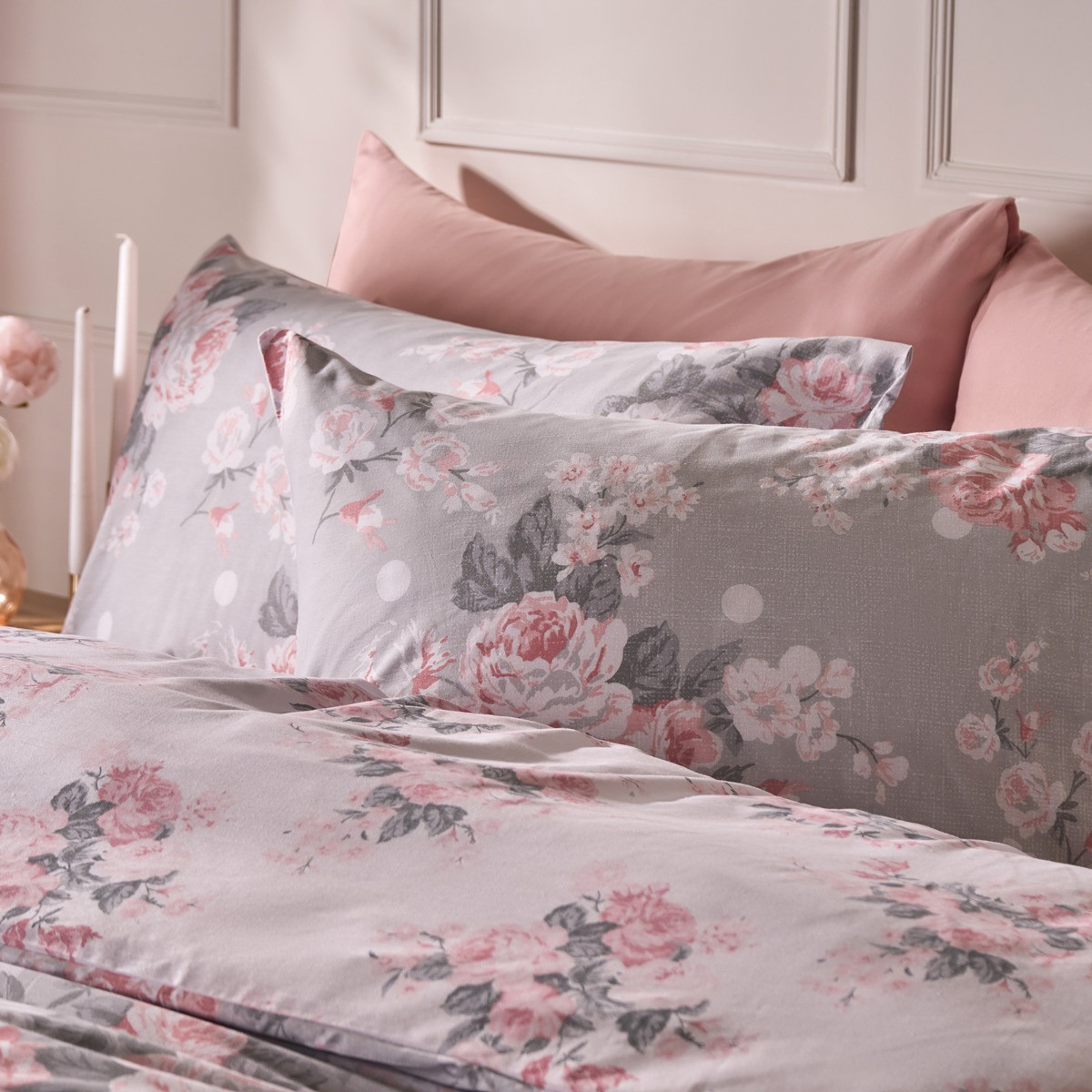 OHS English Rose Floral Duvet Set, Grey - Super King>