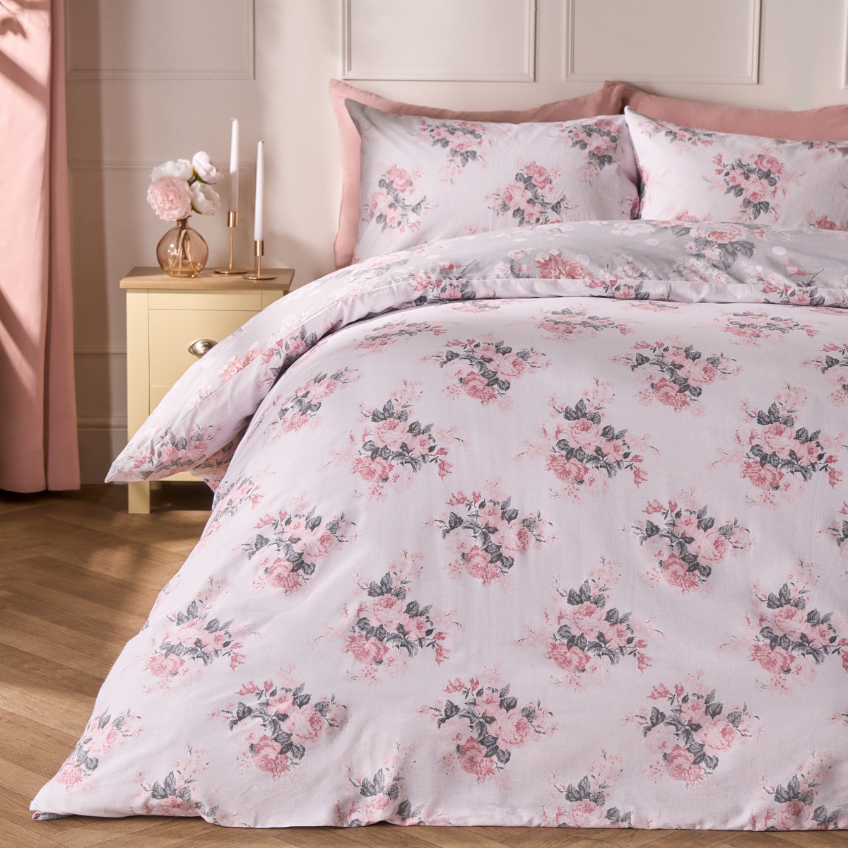 OHS English Rose Floral Duvet Set, Grey - King>