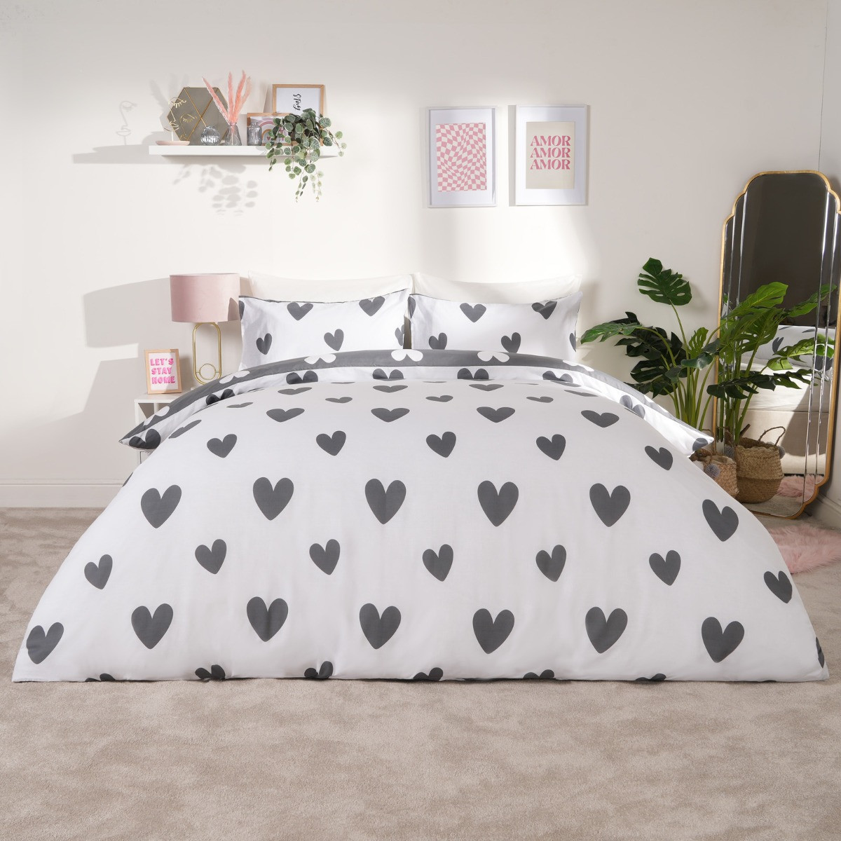 OHS Heart Print Duvet Cover Set, Charcoal - King>