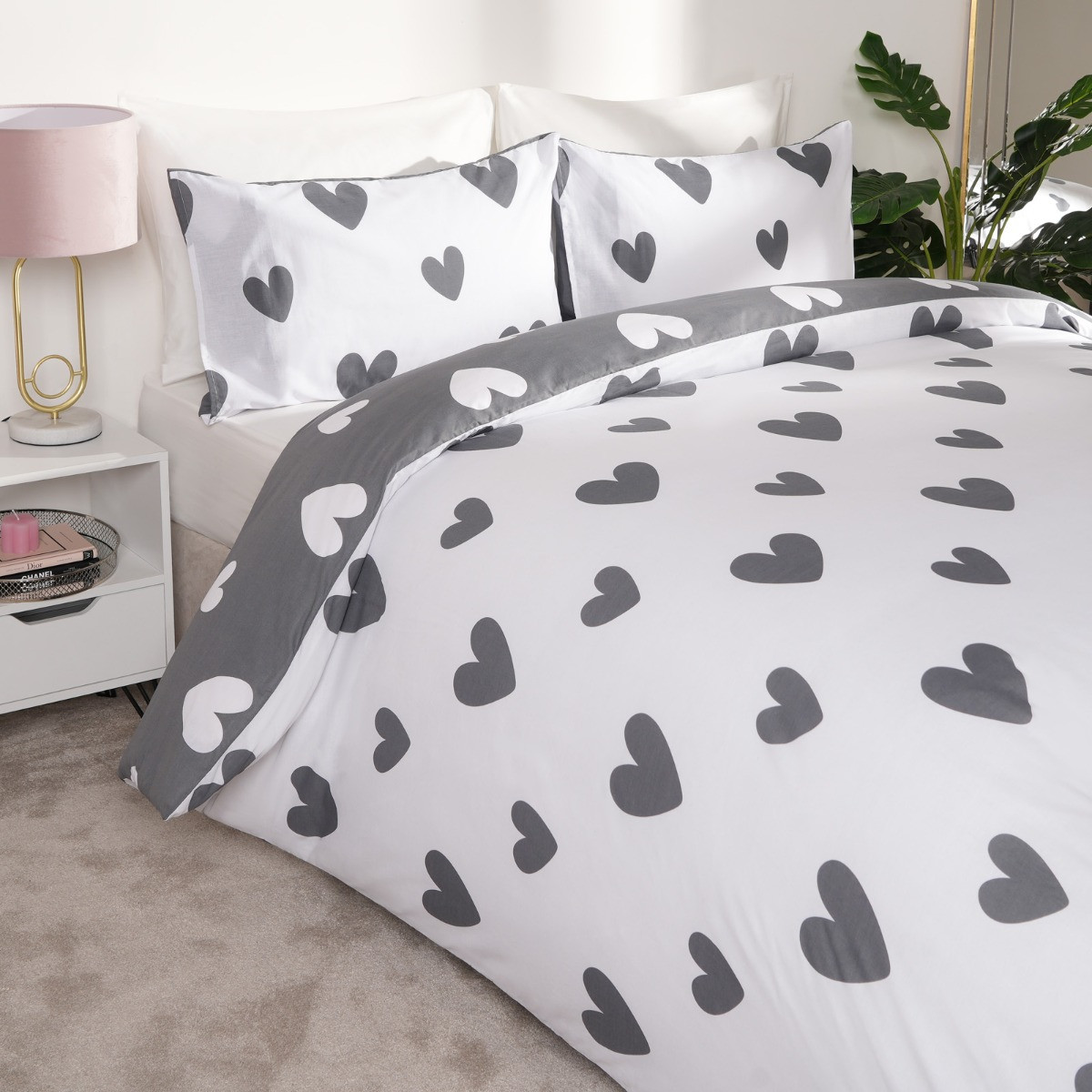 OHS Heart Print Duvet Cover Set, Charcoal - King>