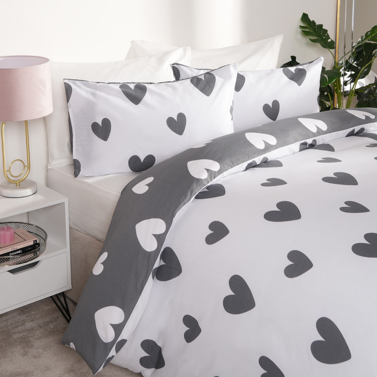OHS Heart Print Duvet Cover Set, Charcoal - Double>
