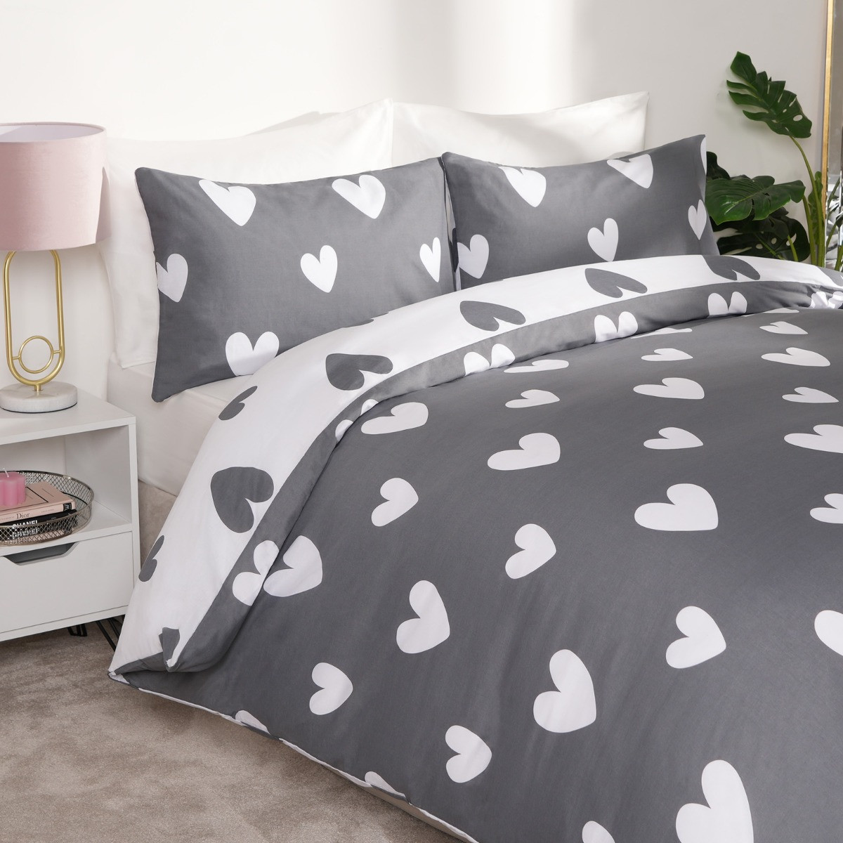 OHS Heart Print Duvet Cover Set, Charcoal - Double>