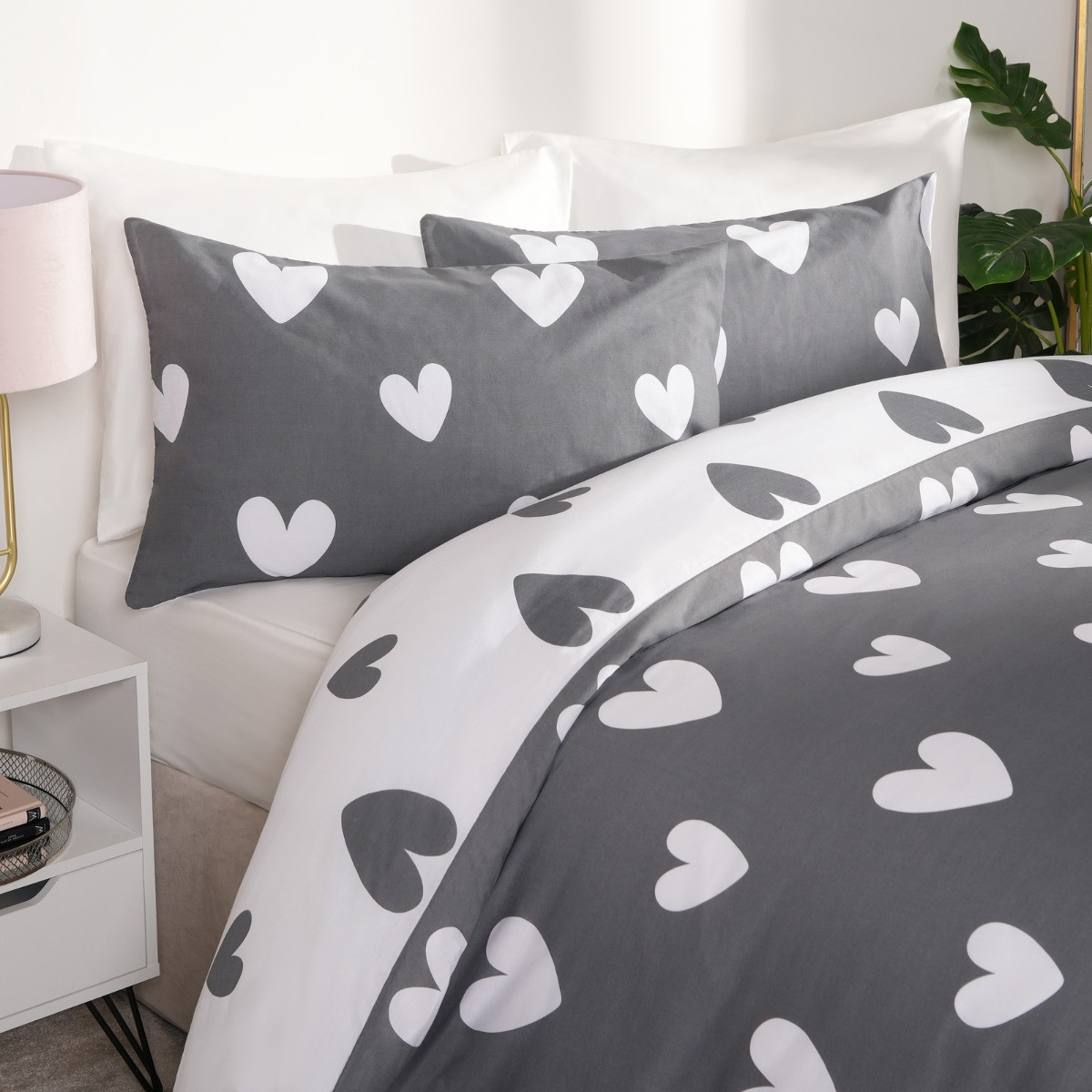 OHS Heart Print Duvet Cover Set, Charcoal - Super King>