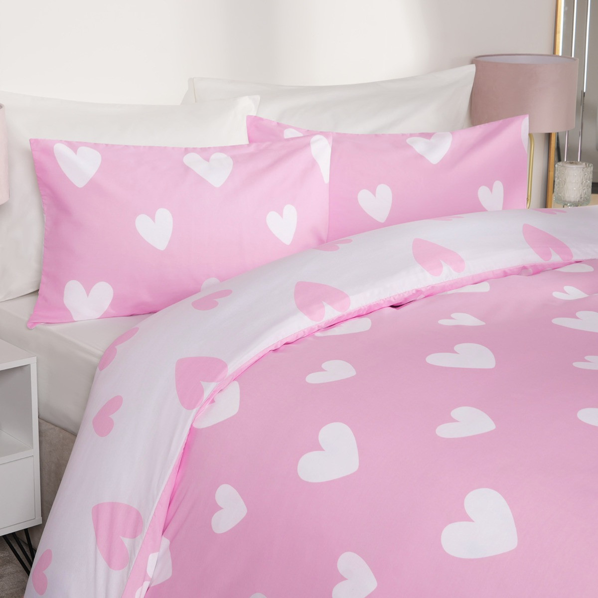 Dreamscene Heart Print Duvet Cover Set, Pink Super King