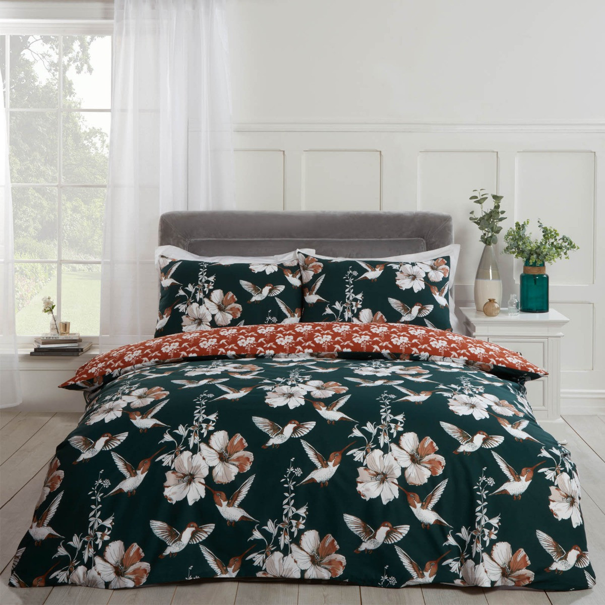 OHS Hummingbirds Duvet Cover Set, Emerald/Orange - King>