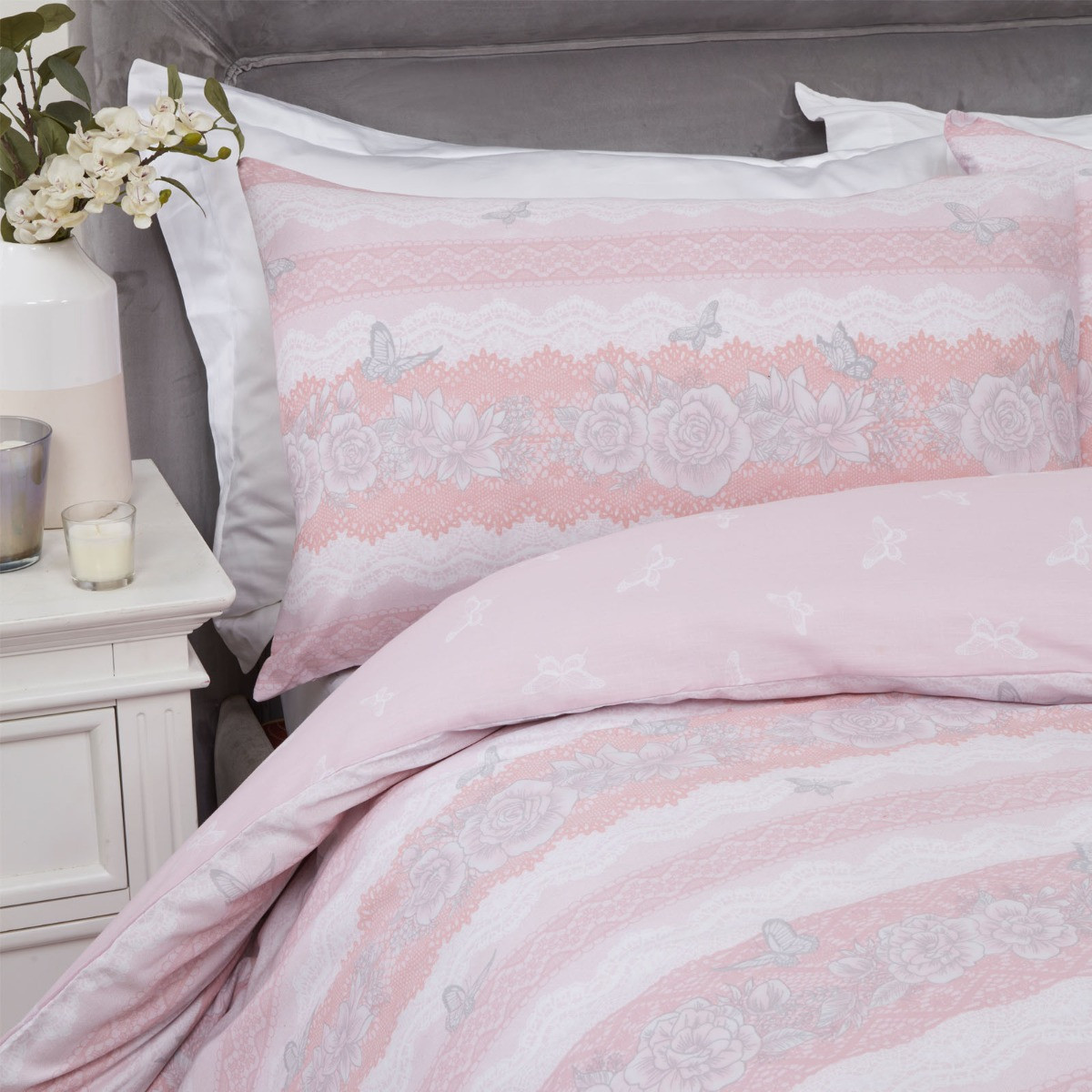 OHS Lace Butterflies Duvet Cover Set, Blush Pink - Single>