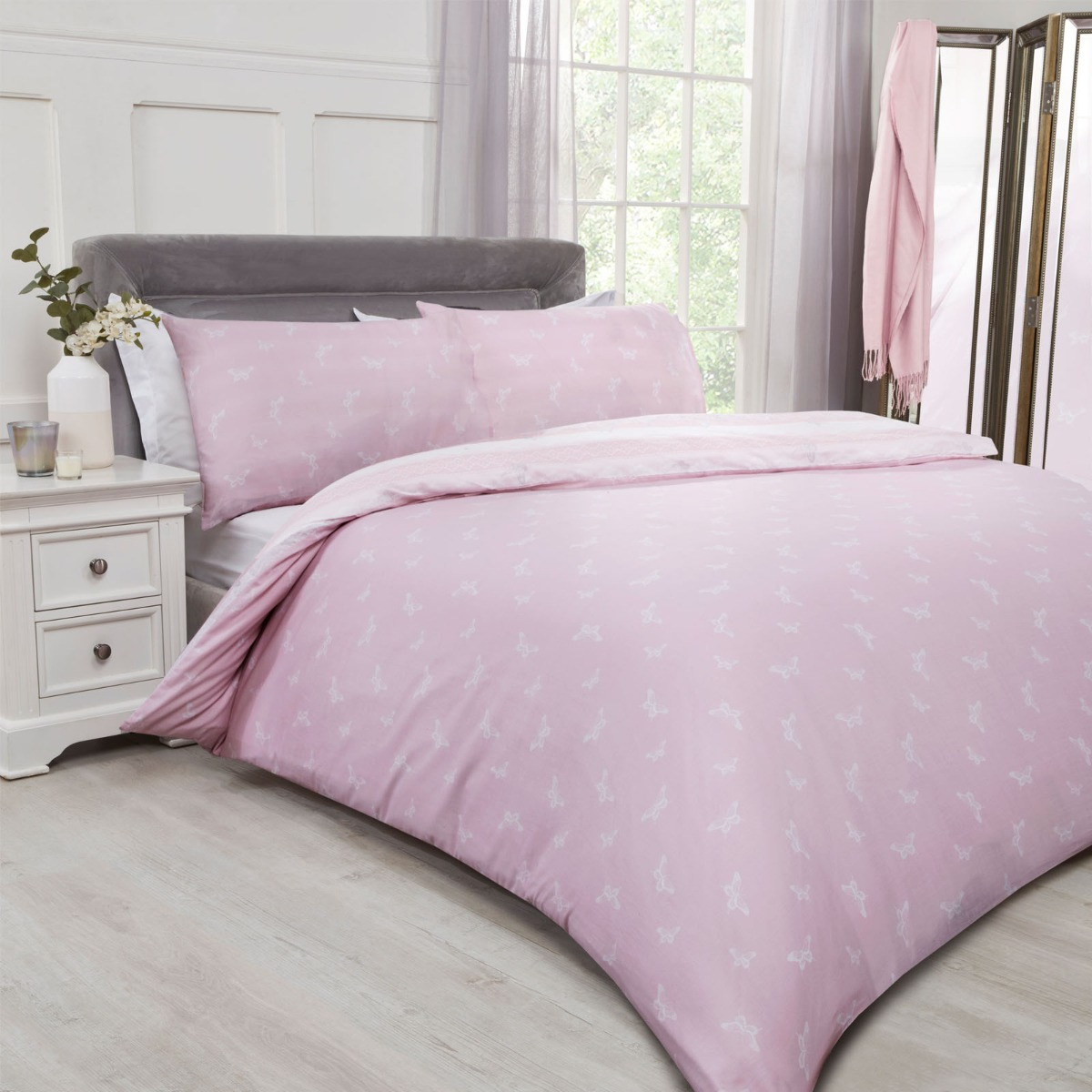 OHS Lace Butterflies Duvet Cover Set, Blush Pink - Single>