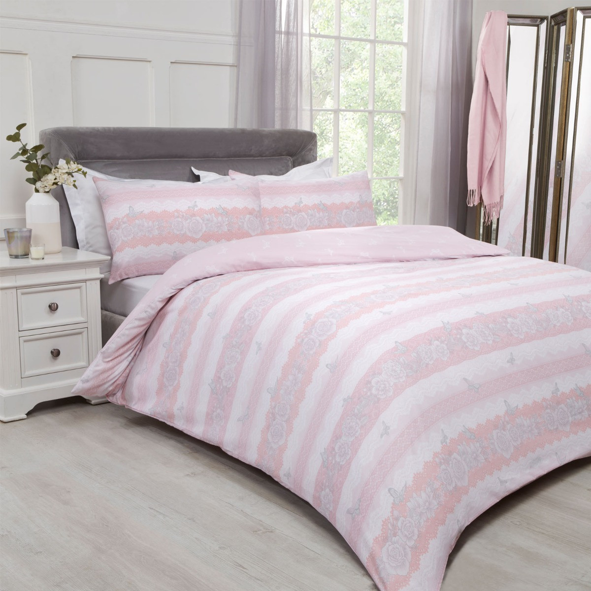 OHS Lace Butterflies Duvet Cover Set, Blush Pink - Single>