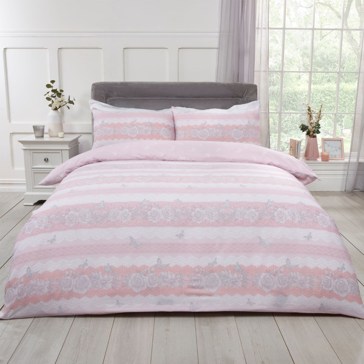 OHS Lace Butterflies Duvet Cover Set, Blush Pink - Single>