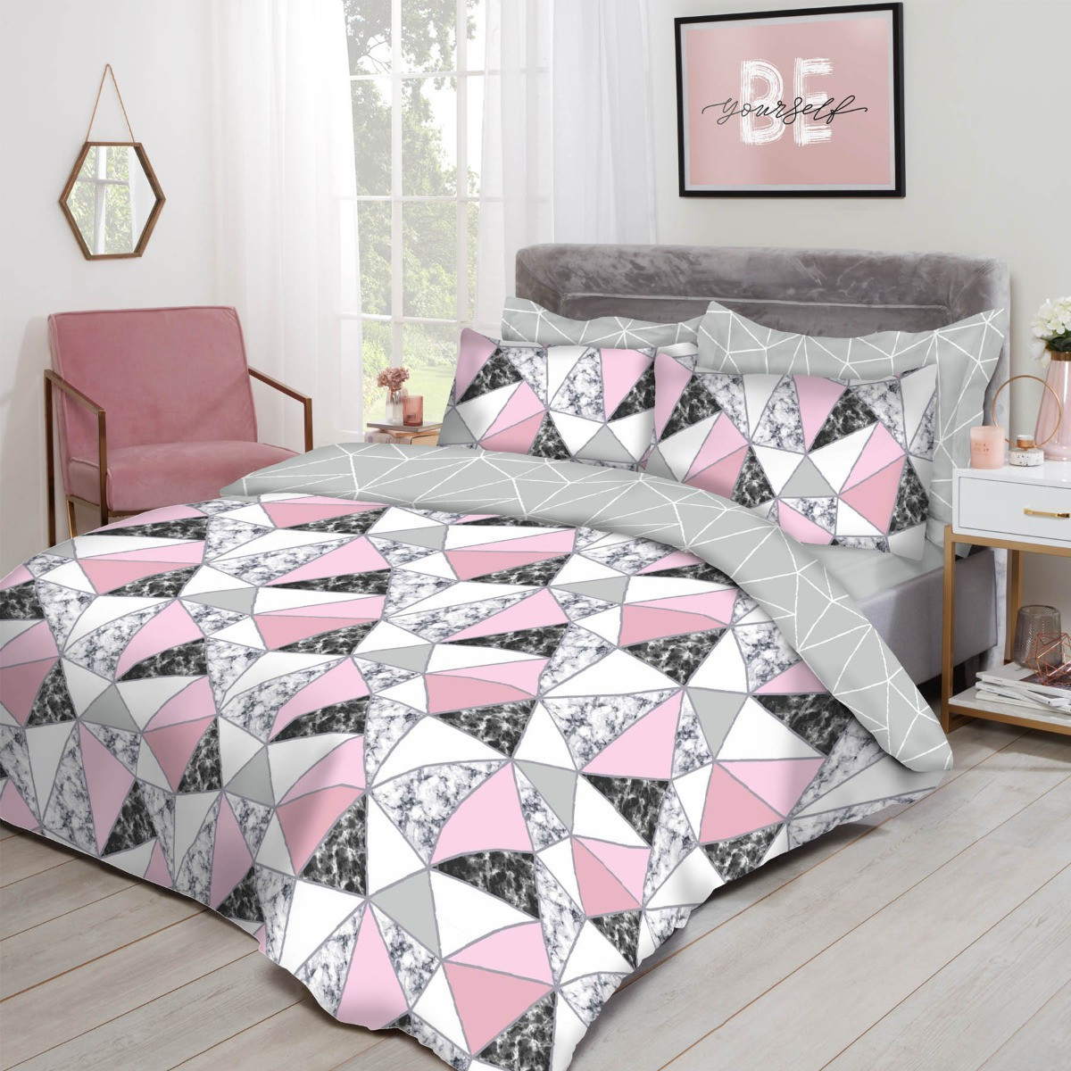 OHS Marble Geometric Duvet Set - Grey/Blush>