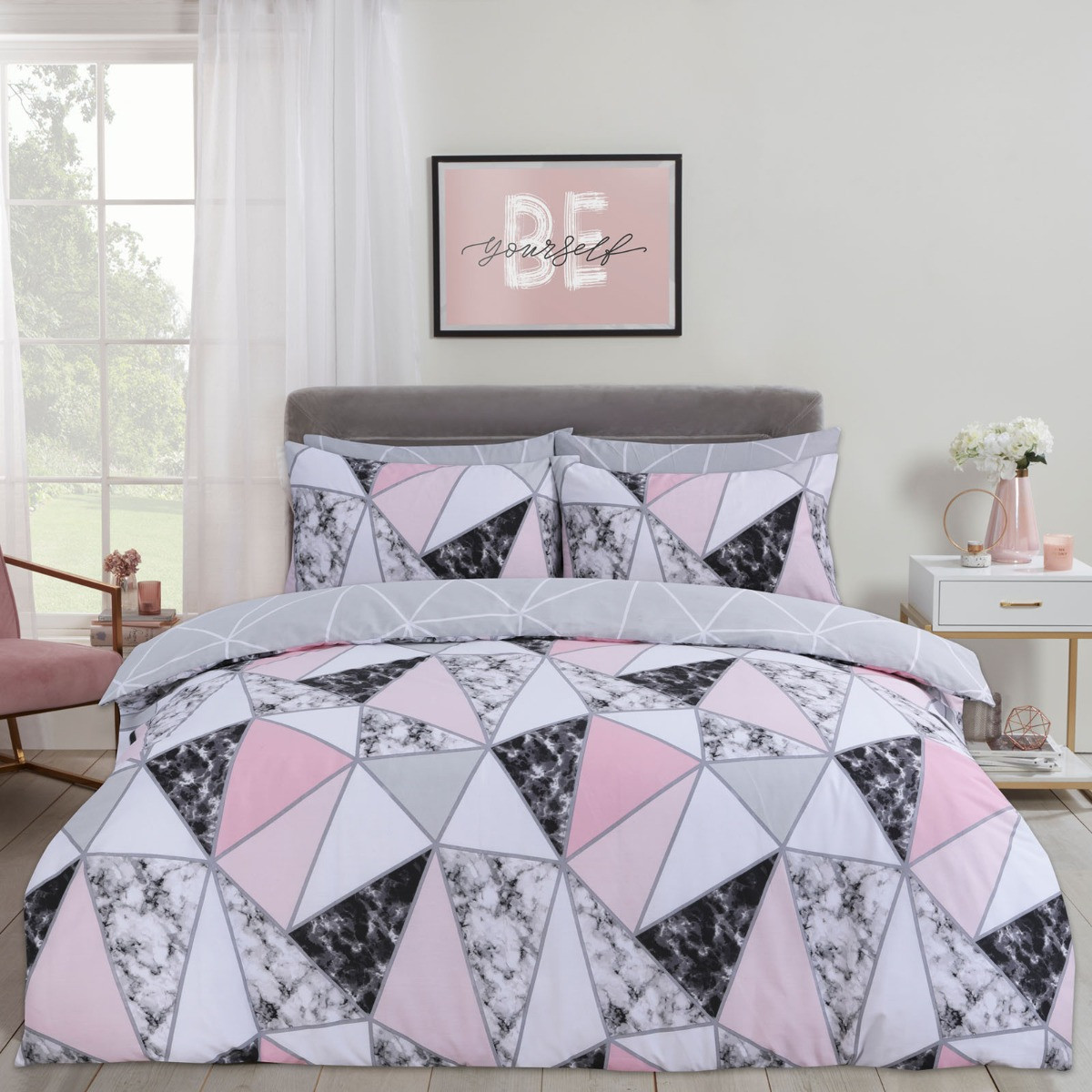 OHS Marble Geometric Duvet Set, Grey - Double>