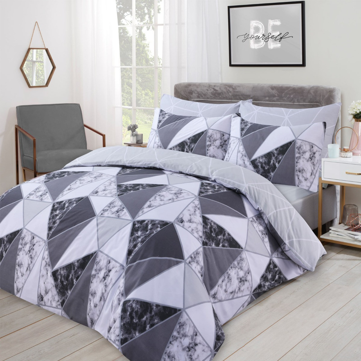 OHS Marble Geometric Duvet Set, Charcoal - Double>