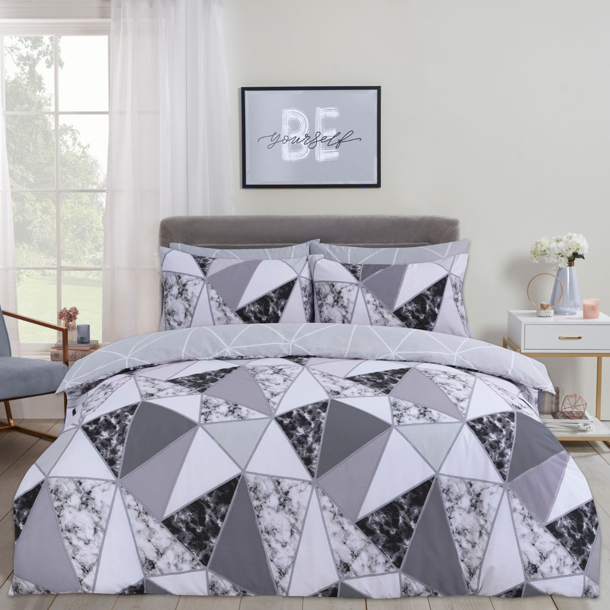 OHS Marble Geometric Duvet Set, Charcoal - Double>