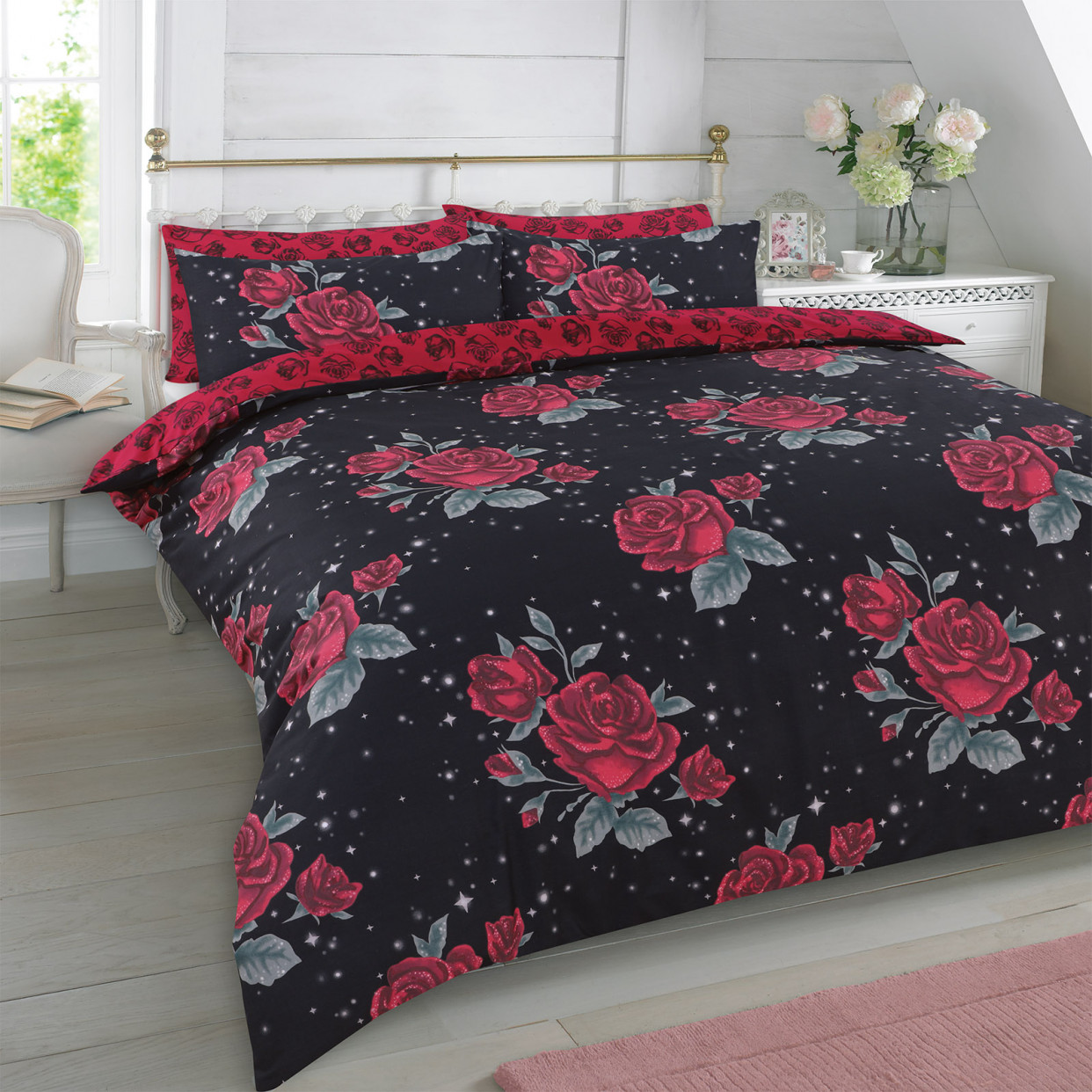 OHS Rose Garden Duvet Set, Black - Single>