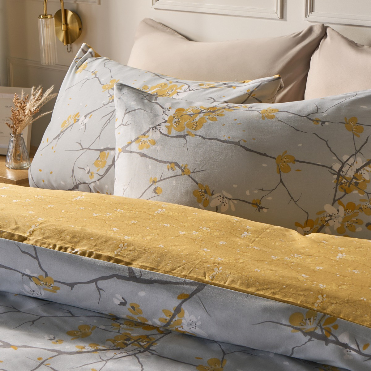 OHS Spring Blossoms Duvet Cover Set, Ochre Yellow - Double>