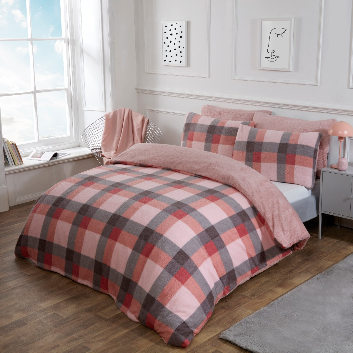 OHS Check Teddy Fleece Duvet Cover Set - Blush>