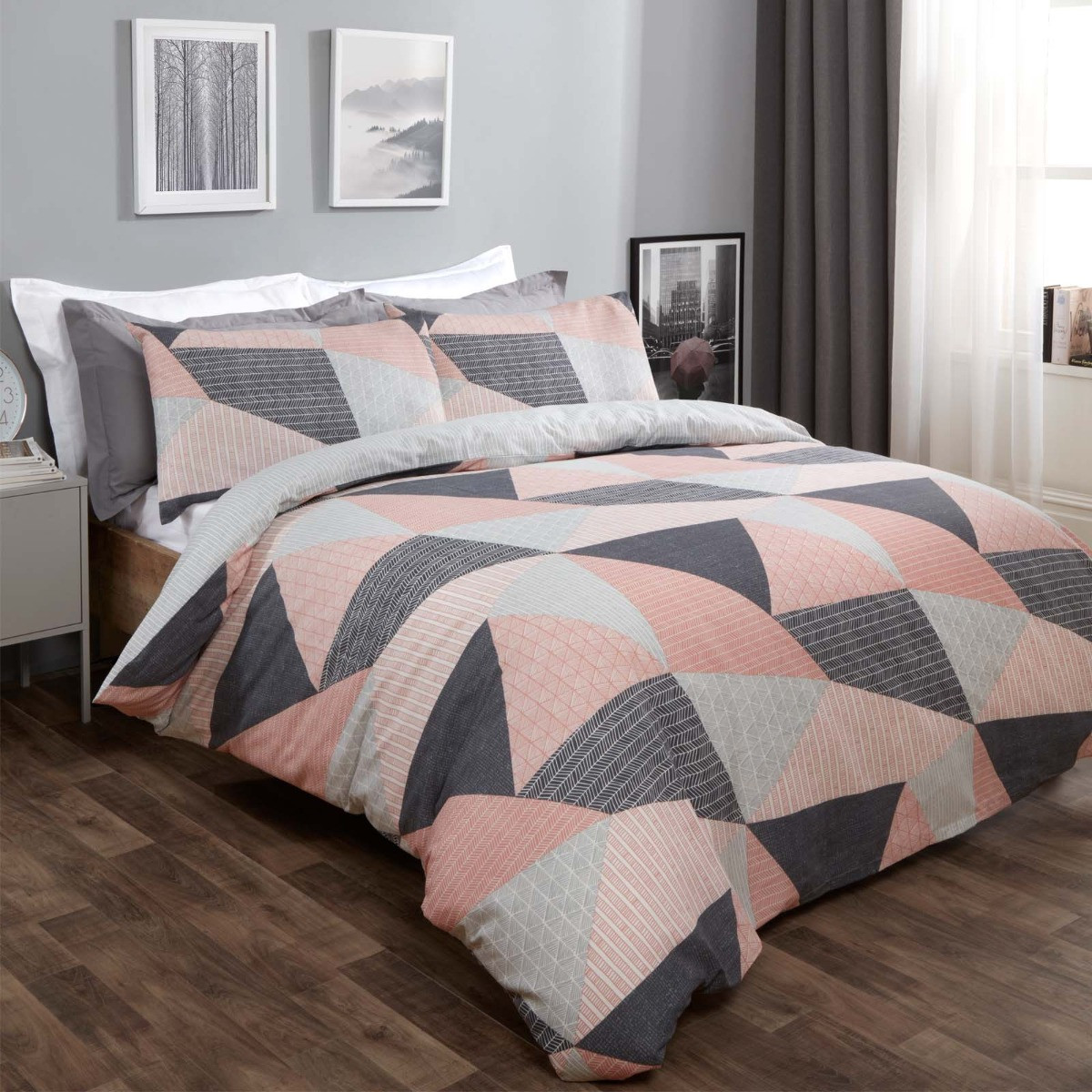 OHS Textured Geometric Duvet Set, Blush Pink - Double>