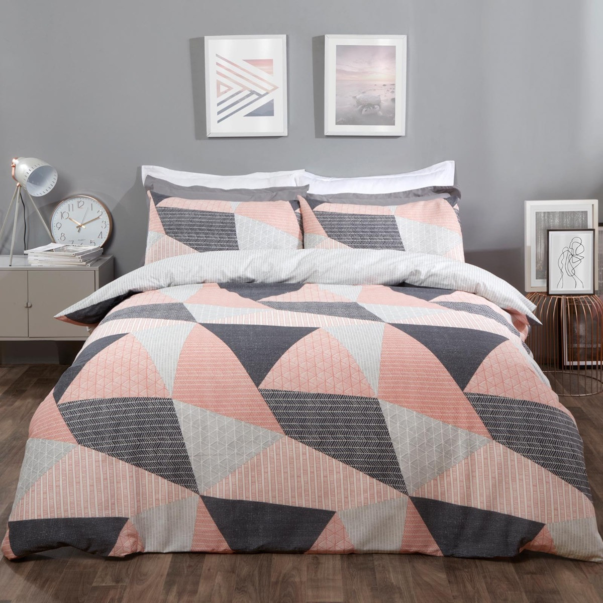 OHS Textured Geometric Duvet Set, Blush Pink - Double>