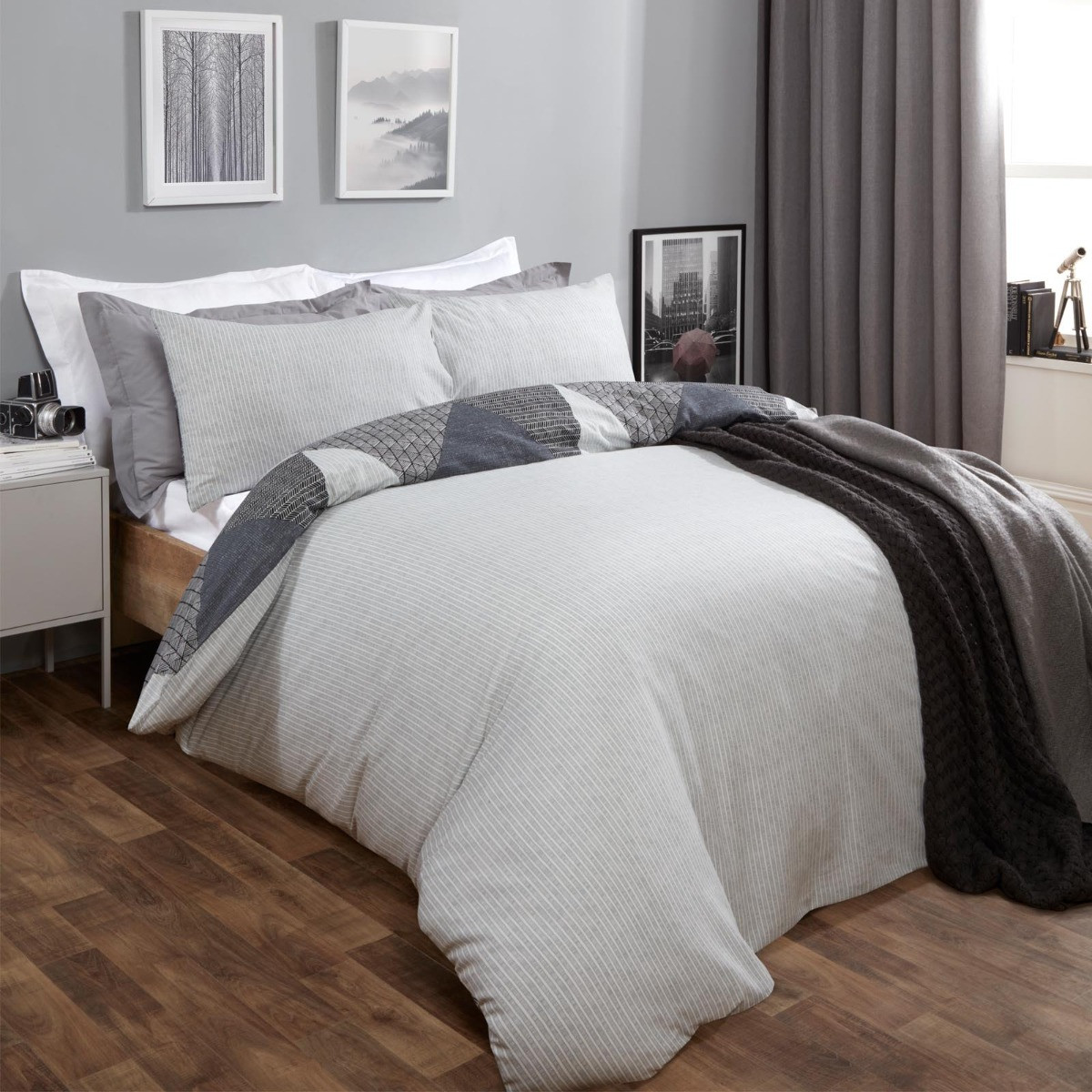 OHS Textured Geometric Duvet Set, Grey - Single>