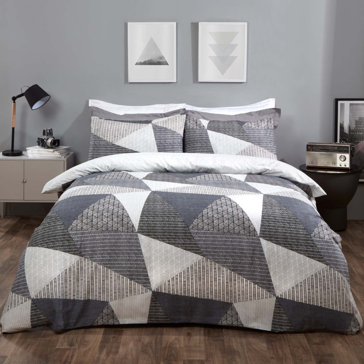 OHS Textured Geometric Duvet Set, Grey - Single>